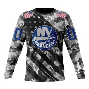 Customized NHL New York Islanders Grey Camo Military Design And USA Flags On Shoulder Unisex Sweatshirt SWS1455