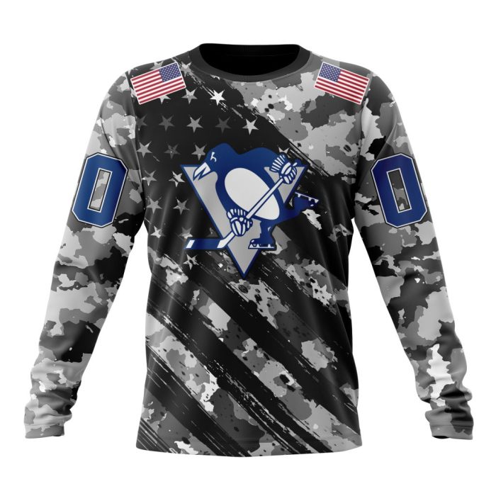 Customized NHL Pittsburgh Penguins Grey Camo Military Design And USA Flags On Shoulder Unisex Sweatshirt SWS1506