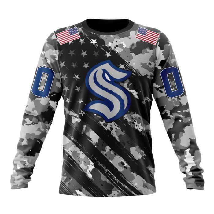 Customized NHL Seattle Kraken Grey Camo Military Design And USA Flags On Shoulder Unisex Sweatshirt SWS1531