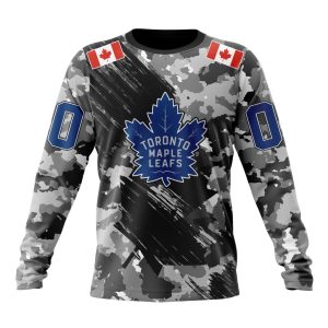 Customized NHL Toronto Maple Leafs Grey Camo Armed Forces Design And Canada Flags On Shoulder Unisex Sweatshirt SWS1570