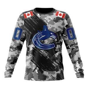Customized NHL Vancouver Canucks Grey Camo Armed Forces Design And Canada Flags On Shoulder Unisex Sweatshirt SWS1583