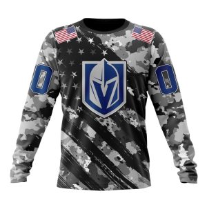 Customized NHL Vegas Golden Knights Grey Camo Military Design And USA Flags On Shoulder Unisex Sweatshirt SWS1595