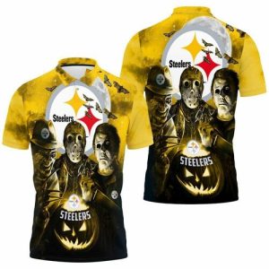 Freddy Jason Michael Myers Loves Pittsburgh Steelers Pumpkin Head Halloween 3D Jersey Polo Shirt PLS3023