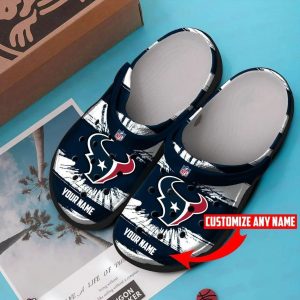Houston Texans Custom Name Pattern Crocs Classic Clogs Shoes In Dark Blue & White BCL1523