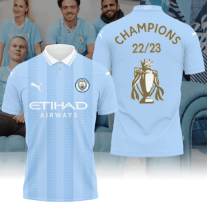 Manchester City Lifts Champions League Trophy 22/23 Printed Polo Sky Blue