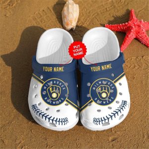 Milwaukee Brewers Custom Name Crocs Crocband Clog Comfortable Water Shoes In Navy White BCL1454