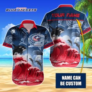 NHL Columbus Blue Jackets Hawaiian Design With Orca And Waves Button Shirt HWS0648