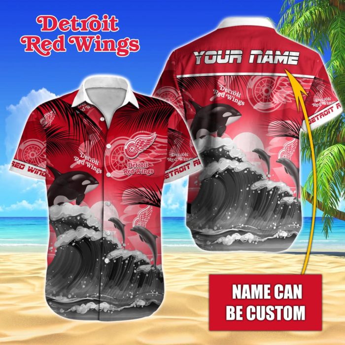 NHL Detroit Red Wings Hawaiian Design With Orca And Waves Button Shirt HWS0652