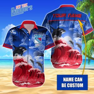 NHL New York Rangers Hawaiian Design With Orca And Waves Button Shirt HWS0670