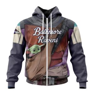 Personalized NFL Baltimore Ravens Specialized Mandalorian And Baby Yoda Unisex Zip Hoodie TZH0550