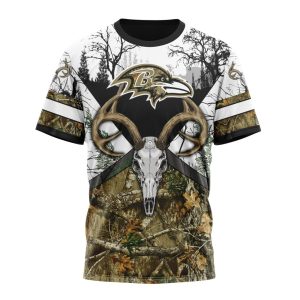 Personalized NFL Baltimore Ravens With Deer Skull And Forest Pattern For Go Hunting Unisex Tshirt TS3100