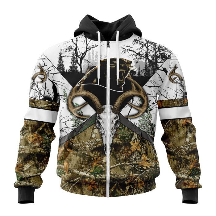 Personalized NFL Carolina Panthers With Deer Skull And Forest Pattern For Go Hunting Unisex Zip Hoodie TZH0592
