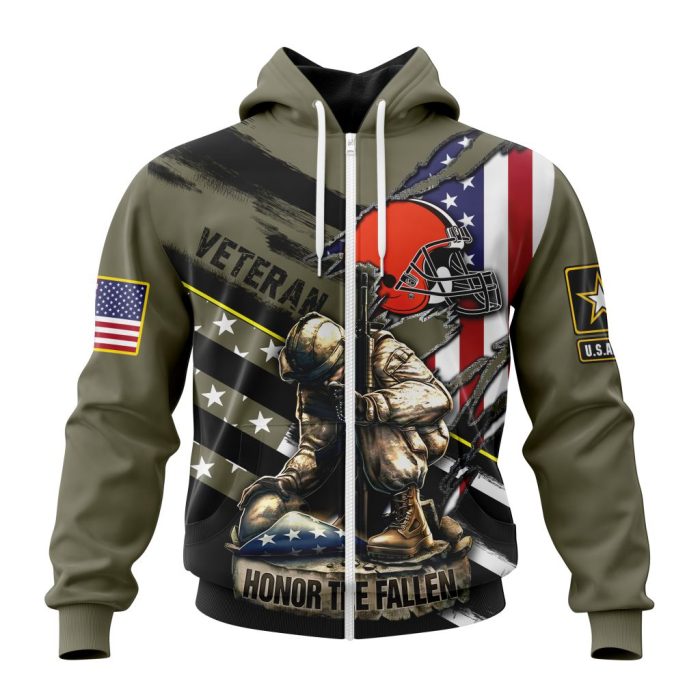 Personalized NFL Cleveland Browns Honor Veterans Kneeling Soldier Unisex Zip Hoodie TZH0639