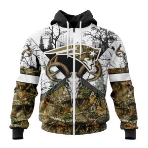 Personalized NFL New England Patriots With Deer Skull And Forest Pattern For Go Hunting Unisex Zip Hoodie TZH0931