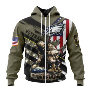 Personalized NFL Philadelphia Eagles Honor Veterans Kneeling Soldier Unisex Zip Hoodie TZH0998