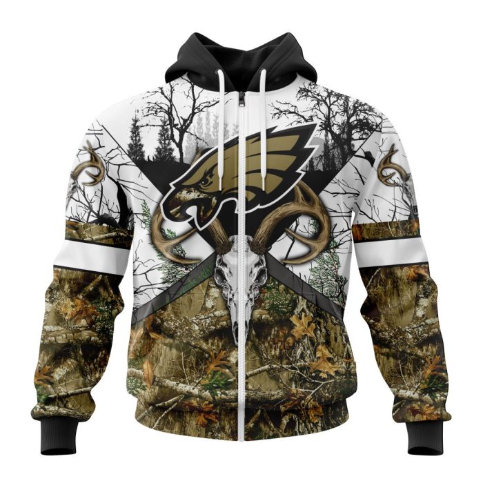 Personalized NFL Philadelphia Eagles With Deer Skull And Forest Pattern For Go Hunting Unisex Zip Hoodie TZH1011