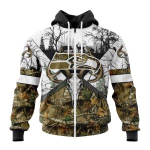 Personalized NFL Seattle Seahawks With Deer Skull And Forest Pattern For Go Hunting Unisex Zip Hoodie TZH1070