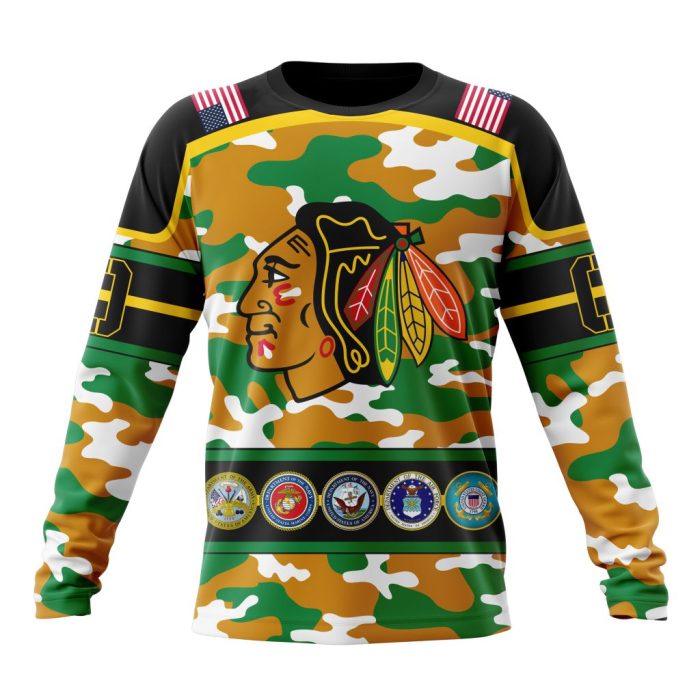Personalized NHL Chicago BlackHawks With Camo Team Color And Military Force Logo Unisex Sweatshirt SWS2262