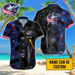 Personalized NHL Columbus Blue Jackets Palm Leafs Hawaiian Design Button Shirt HWS0783