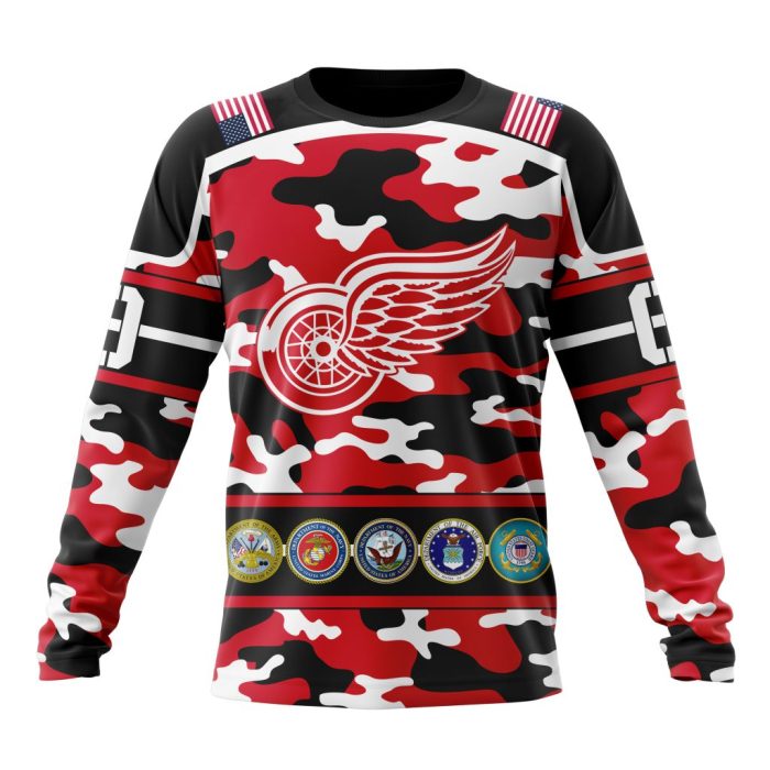Personalized NHL Detroit Red Wings With Camo Team Color And Military Force Logo Unisex Sweatshirt SWS2496