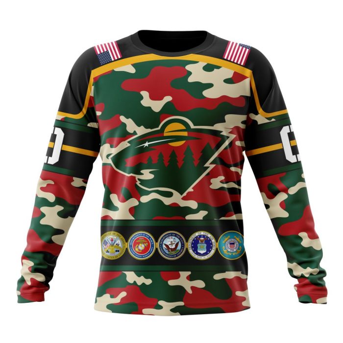 Personalized NHL Minnesota Wild With Camo Team Color And Military Force Logo Unisex Sweatshirt SWS2728