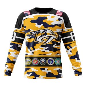 Personalized NHL Nashville Predators With Camo Team Color And Military Force Logo Unisex Sweatshirt SWS2844