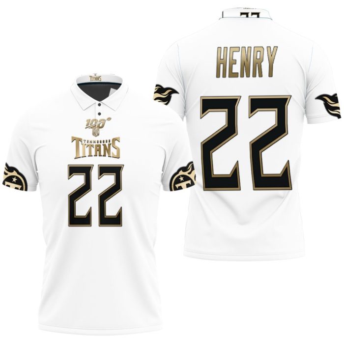 Tennessee Titans Derrick Henry #22 NFL Great Player White 100th Season Golden Edition Jersey Style Polo Shirt PLS2917