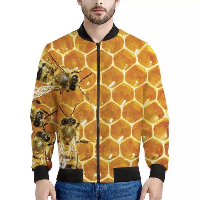 Bees And Honeycomb Print Bomber Jacket