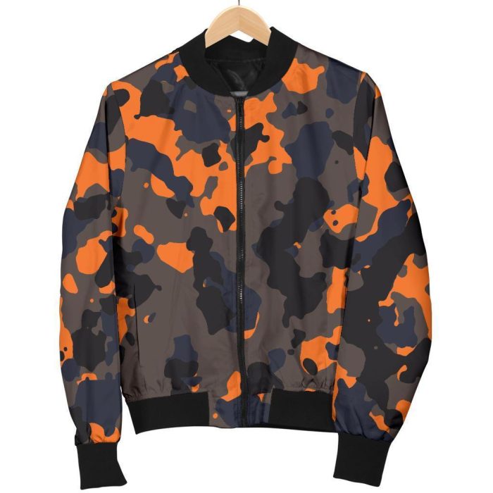 Black And Orange Camouflage Print Bomber Jacket