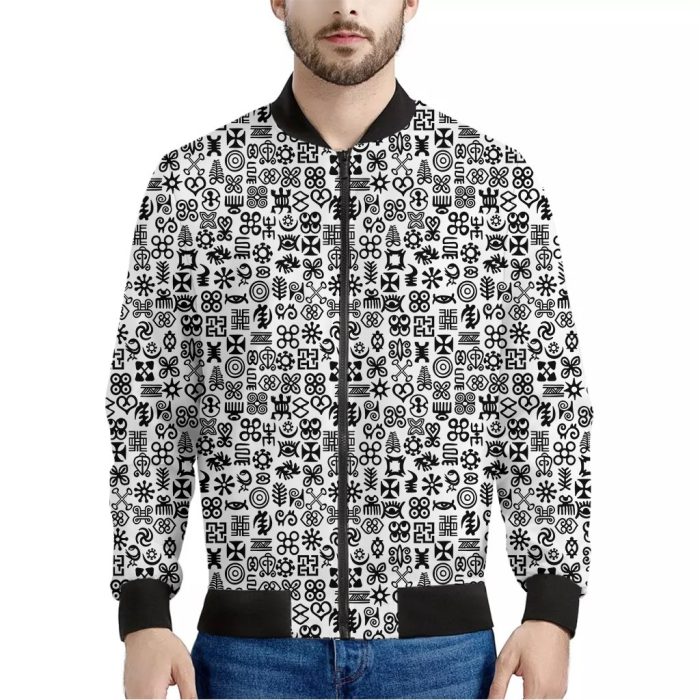 Black And White Adinkra Tribe Symbols Bomber Jacket