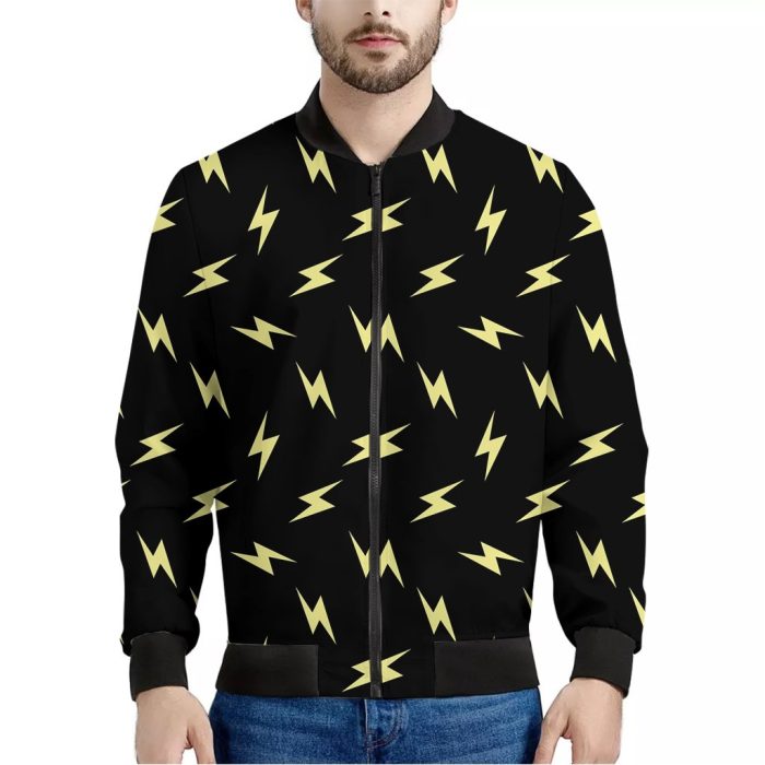 Black And Yellow Lightning Pattern Print Bomber Jacket