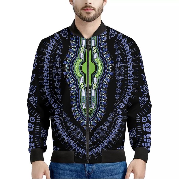 Blue And Black African Dashiki Print Bomber Jacket