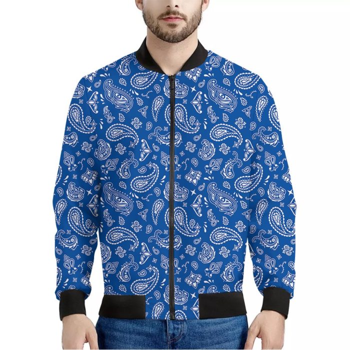 Blue Paisley Bandana Pattern Print Bomber Jacket