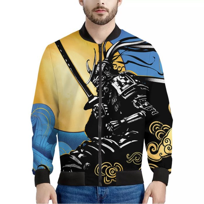 Blue Sky And Golden Sun Samurai Print Bomber Jacket