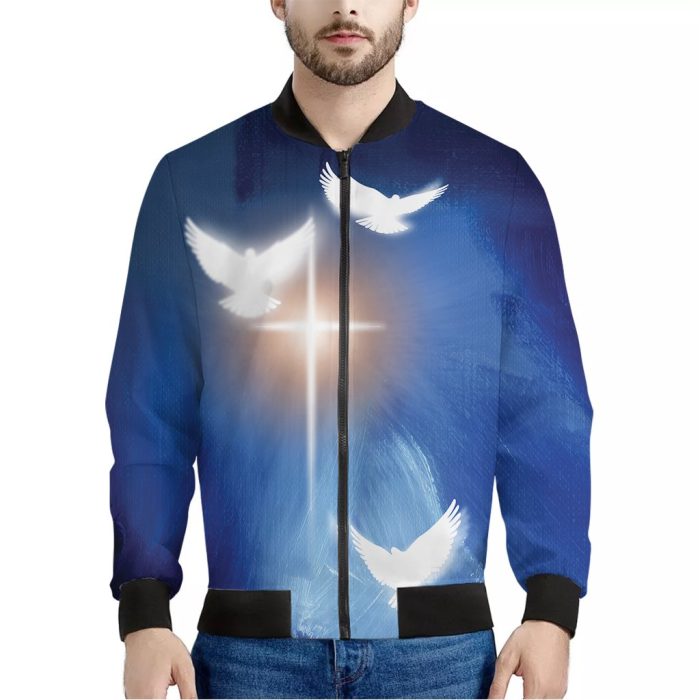 Christian Cross And White Doves Print Bomber Jacket