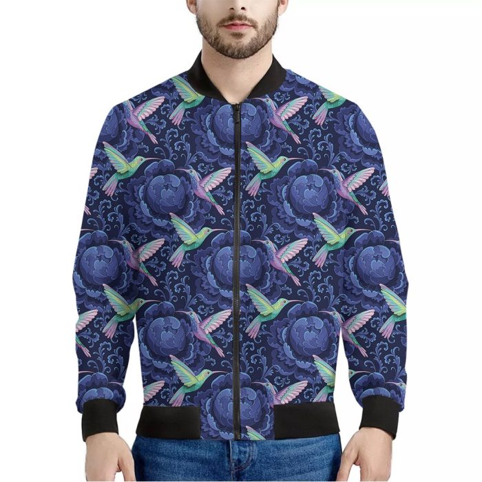 Dark Blue Floral Hummingbird Print Bomber Jacket