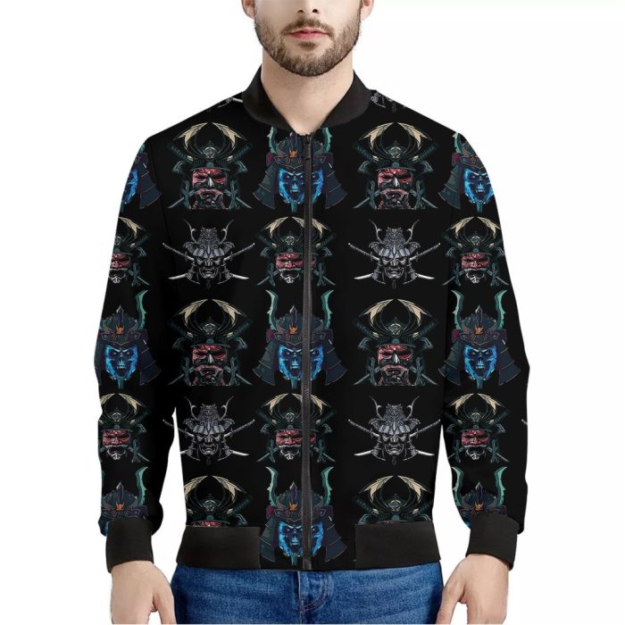 Ghost Samurai Mask Pattern Print Bomber Jacket