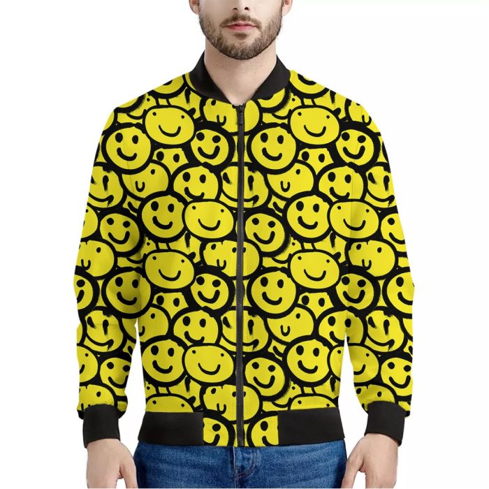 Graffiti Happy Emoji Pattern Print Bomber Jacket