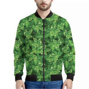 Green Ivy Leaf Pattern Print Bomber Jacket