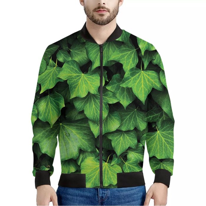 Green Ivy Leaf Print Bomber Jacket