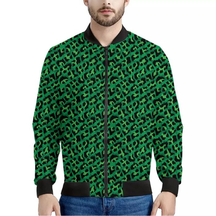 Green Leopard Print Bomber Jacket