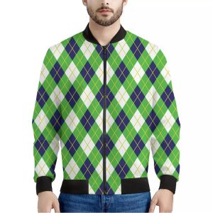 Green Navy And White Argyle Print Bomber Jacket