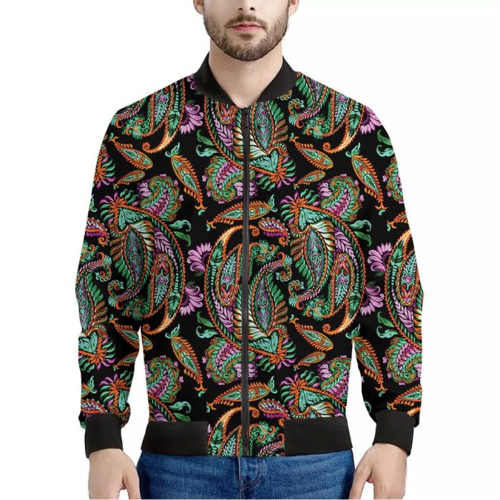 Green Orange And Pink Paisley Print Bomber Jacket