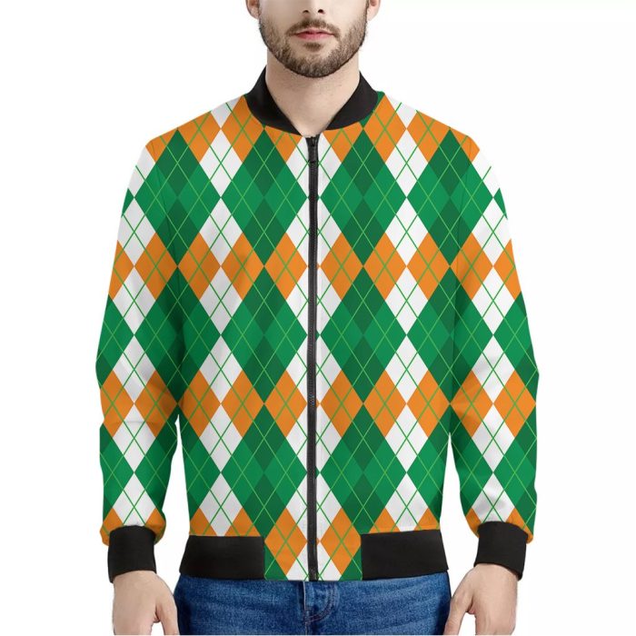 Green Orange And White Argyle Print Bomber Jacket