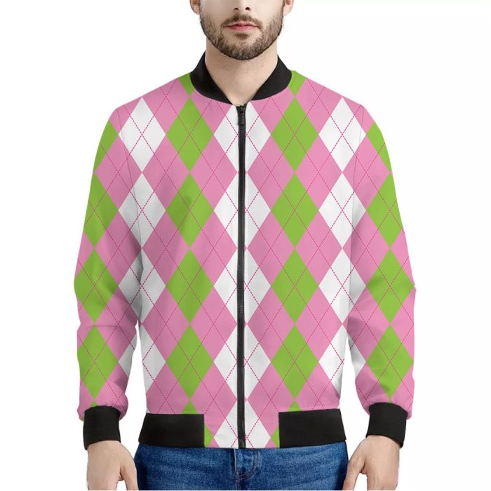 Green Pink And White Argyle Print Bomber Jacket