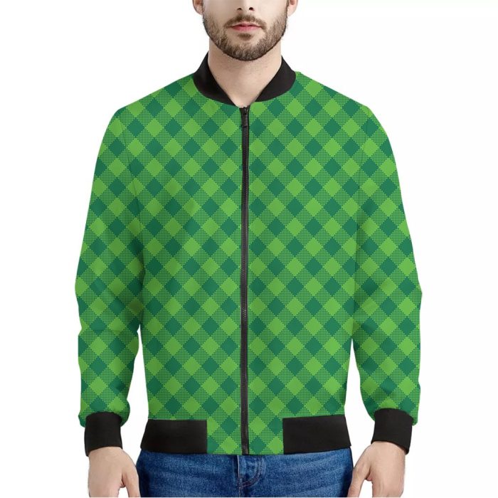 Green Plaid Saint Patrick's Day Print Bomber Jacket