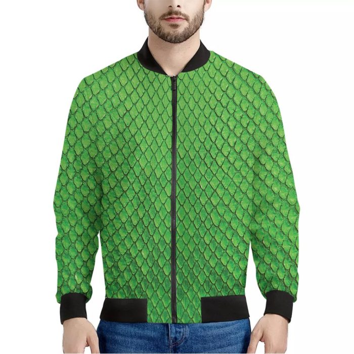 Green Python Snakeskin Print Bomber Jacket