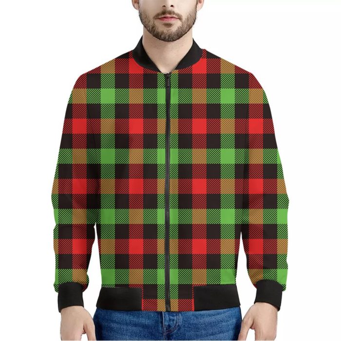 Green Red And Black Buffalo Plaid Print Bomber Jacket