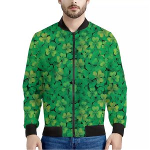 Green Shamrock Leaf Pattern Print Bomber Jacket