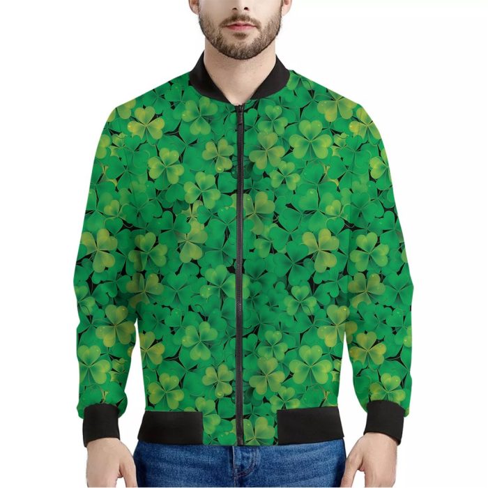 Green Shamrock Leaf Pattern Print Bomber Jacket